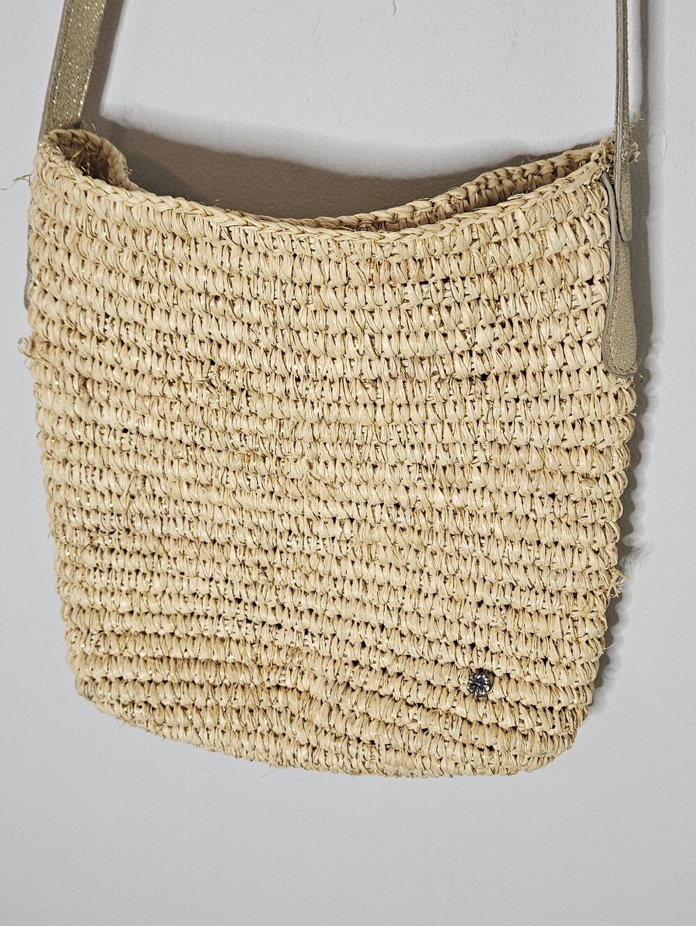 Flora Bella Straw Shoulder Bag Gold Flecks Leather Strap Raffia Woven